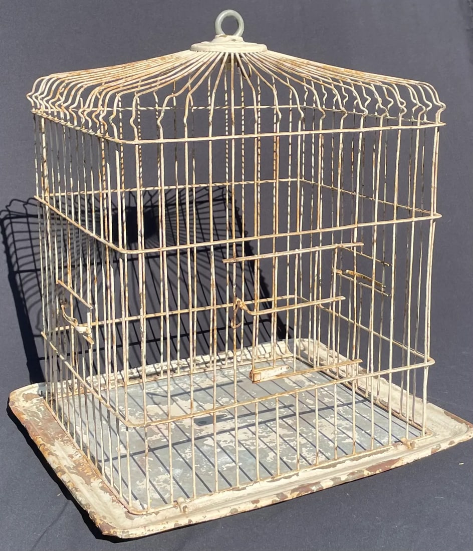 Vintage Metal Bird Cage With Distressed Paint - 3