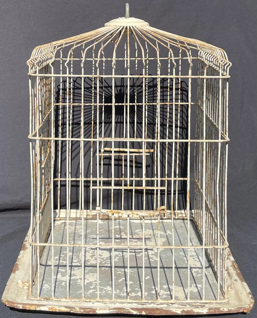 Vintage Metal Bird Cage With Distressed Paint - 7