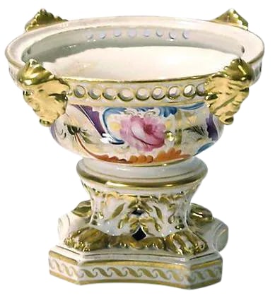 Antique Hand-Painted Floral and Gilt Urn: This antique, 19th century, English, hand-painted, floral and gilt urn features lion feet and four gilt faces. The urn also has hand-painted floral and acanthus leaf designs around the body and pierce