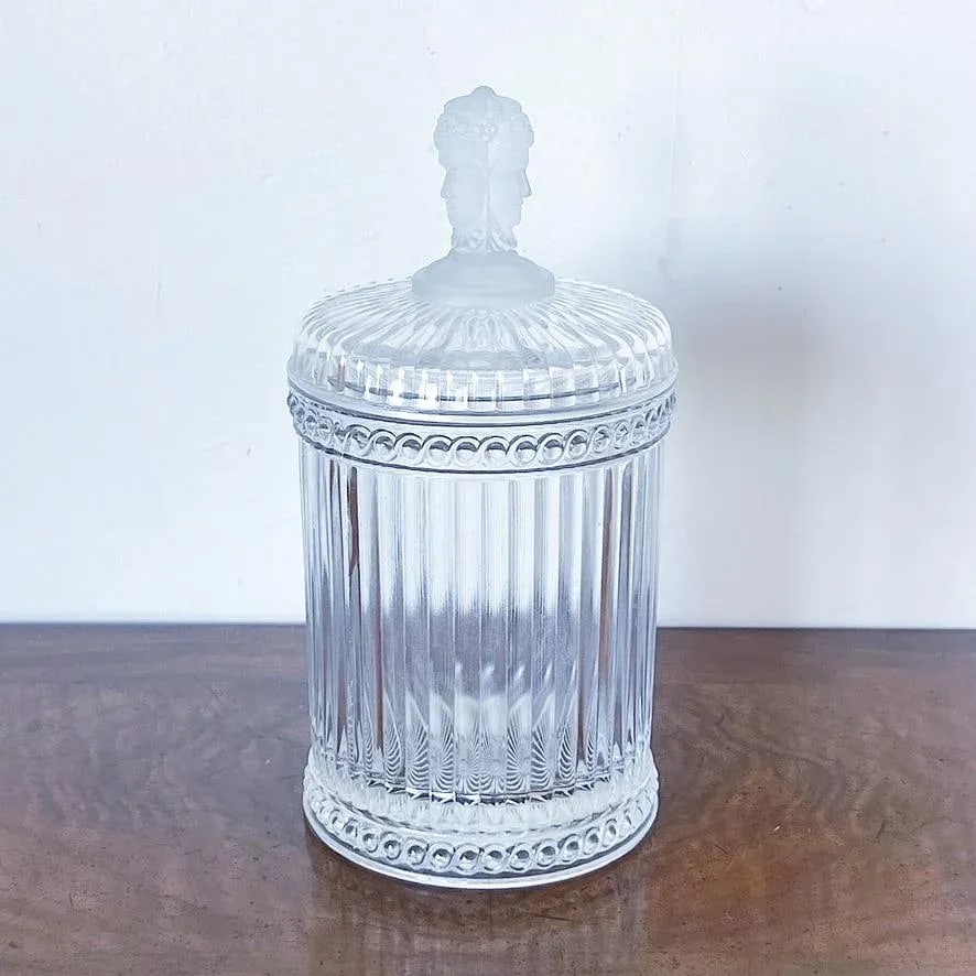 Antique Three-Faces Biscuit Jar in Glass With Satin Glass Three-Face Handle - 2
