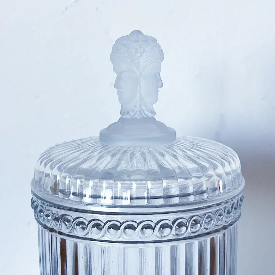 Antique Three-Faces Biscuit Jar in Glass With Satin Glass Three-Face Handle - 6