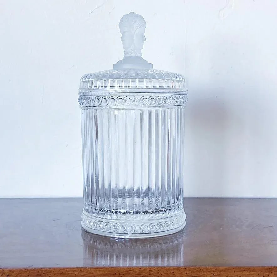 Antique Three-Faces Biscuit Jar in Glass With Satin Glass Three-Face Handle - 9