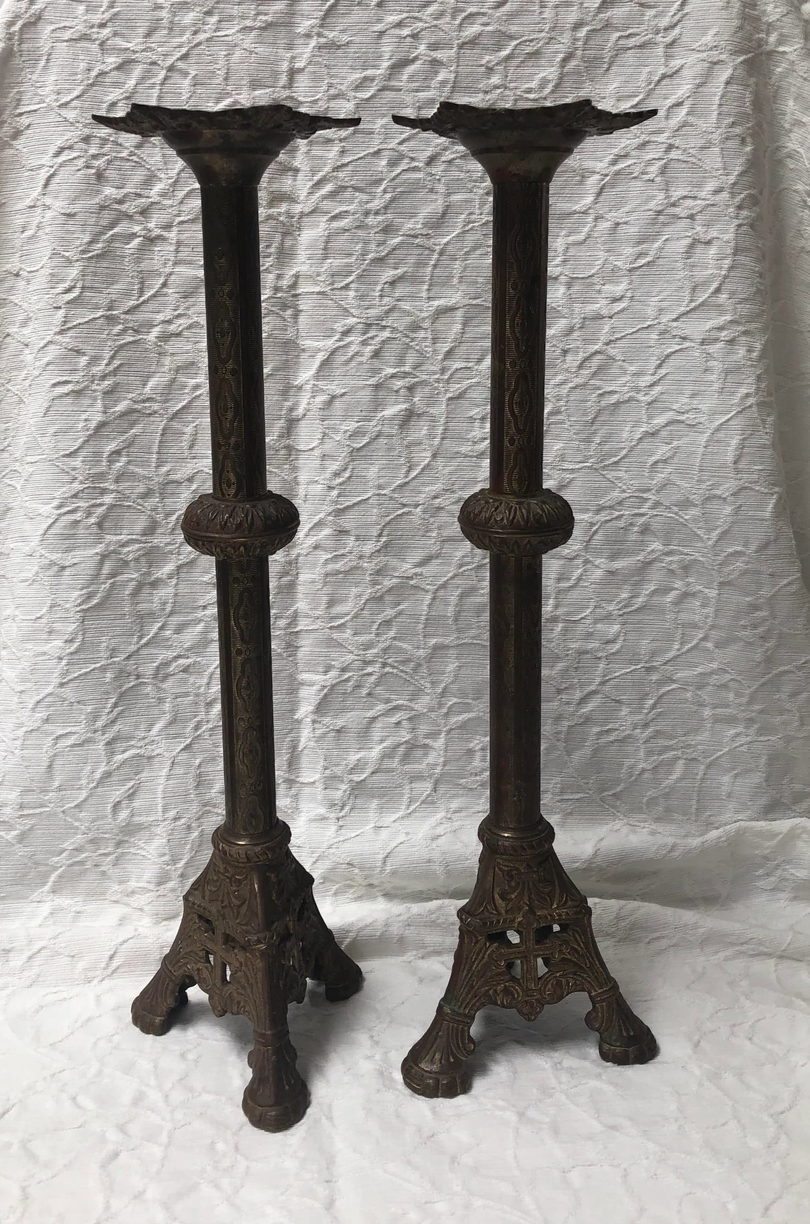 Antique 1900s Tall Brass Altar Candlestick Holders - a Pair - 11