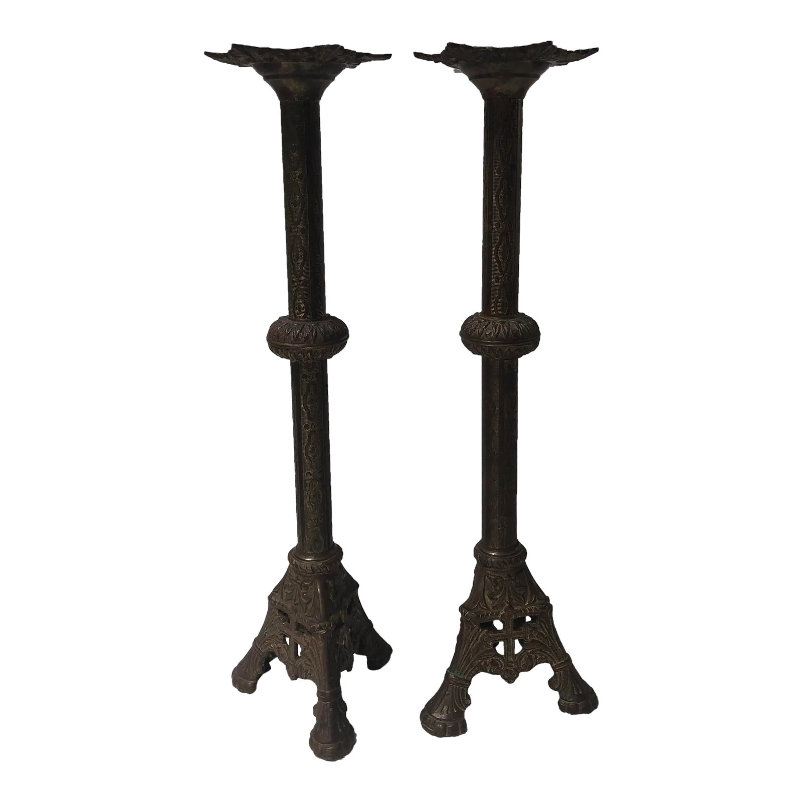 Antique 1900s Tall Brass Altar Candlestick Holders - a Pair: Elegant tall solid brass altar candlestick holders. Ornate brass has mellowed to a warm bronze. For pillar type candles. 18" tall x 5" wide base Condition: Alterations: Original Condition Unaltered