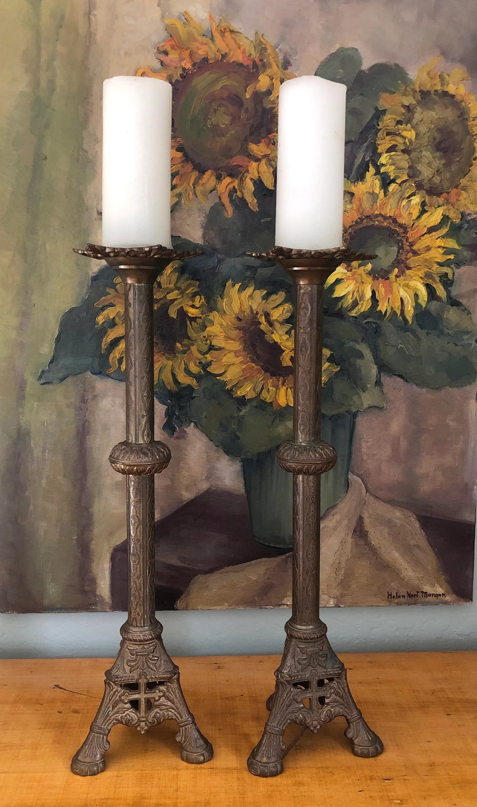 Antique 1900s Tall Brass Altar Candlestick Holders - a Pair - 6