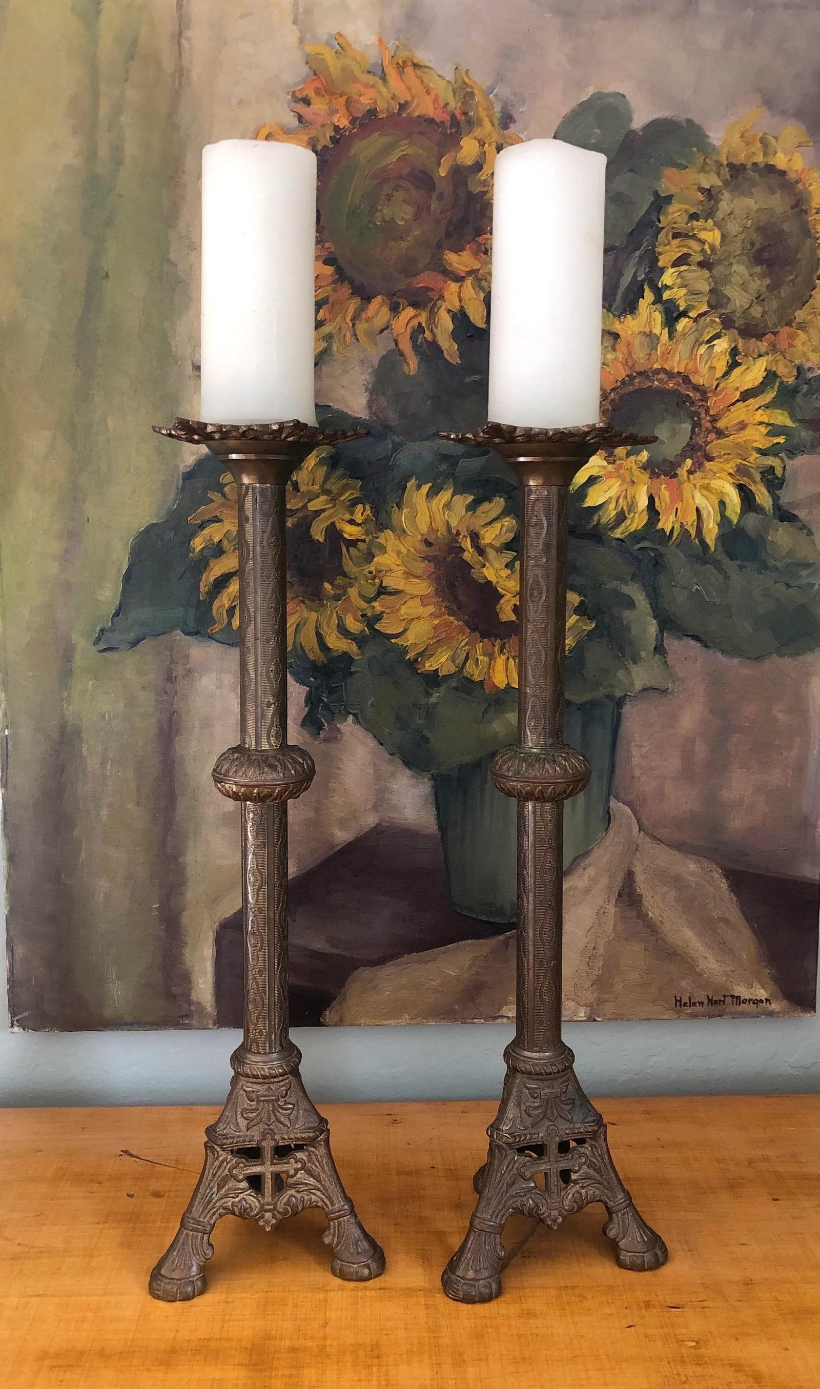 Antique 1900s Tall Brass Altar Candlestick Holders - a Pair - 9
