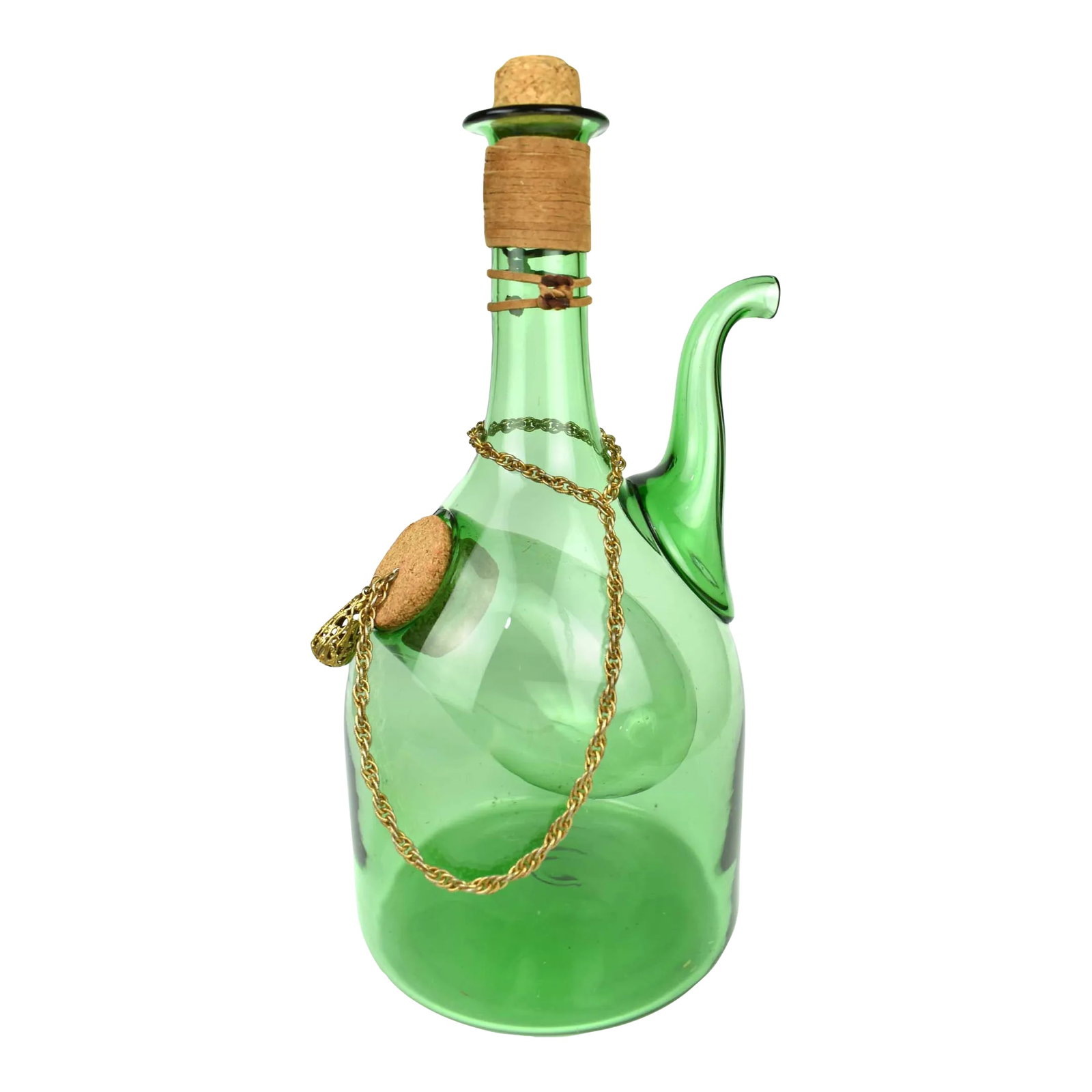 Vintage Hand Blown Italian Green Glass Wine Decanter Carafe With Ice Chamber Chiller and Stoppers: Stunning unique Italian green glass decanter embellished with leather and gold color chain. You can chill your wine or beverage of choice without watering it down by putting ice in the ice chamber