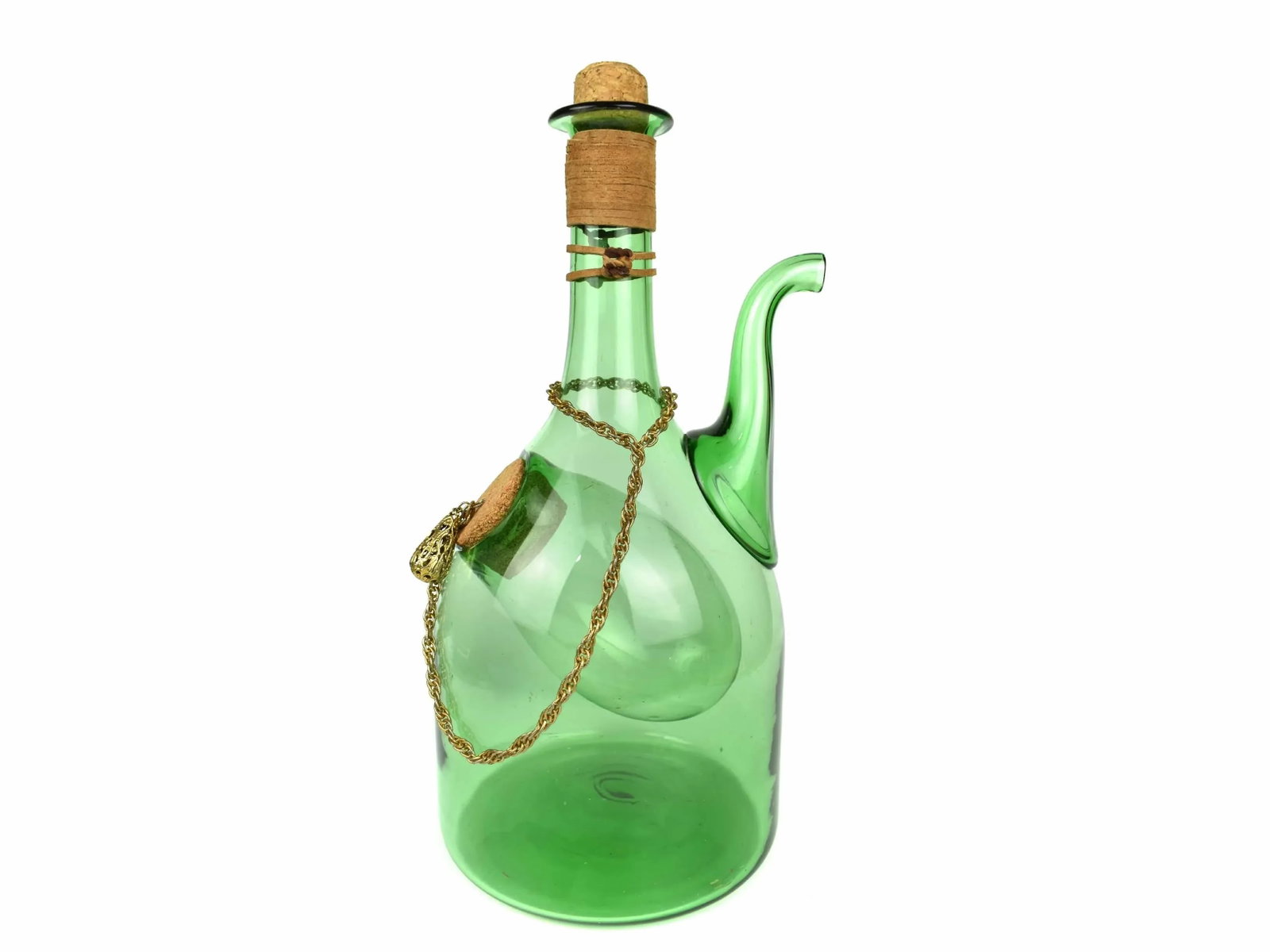 Vintage Hand Blown Italian Green Glass Wine Decanter Carafe With Ice Chamber Chiller and Stoppers - 2