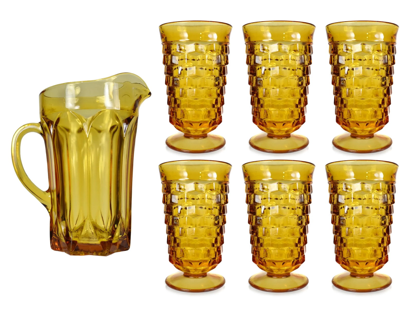 Vintage Amber Serving Drink Iced Tea Whitehall Pattern Glasses and Pitcher - 7 Pieces - 11