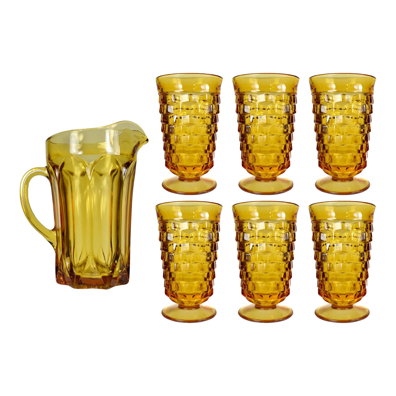 Vintage Amber Serving Drink Iced Tea Whitehall Pattern Glasses and Pitcher - 7 Pieces: Stunning set of amber glass with Whitehall design by Indiana Glass Company and a Fairfield hocking pitcher. This set is an excellent addition to your glass collection or the perfect serving set on
