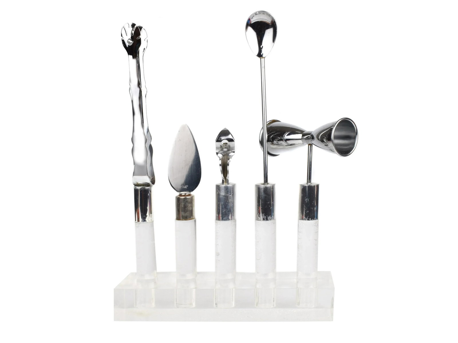 Mid Century Modern Lucite Stainless Steel Bar Tools Set With Stand- 6 Pieces - 11