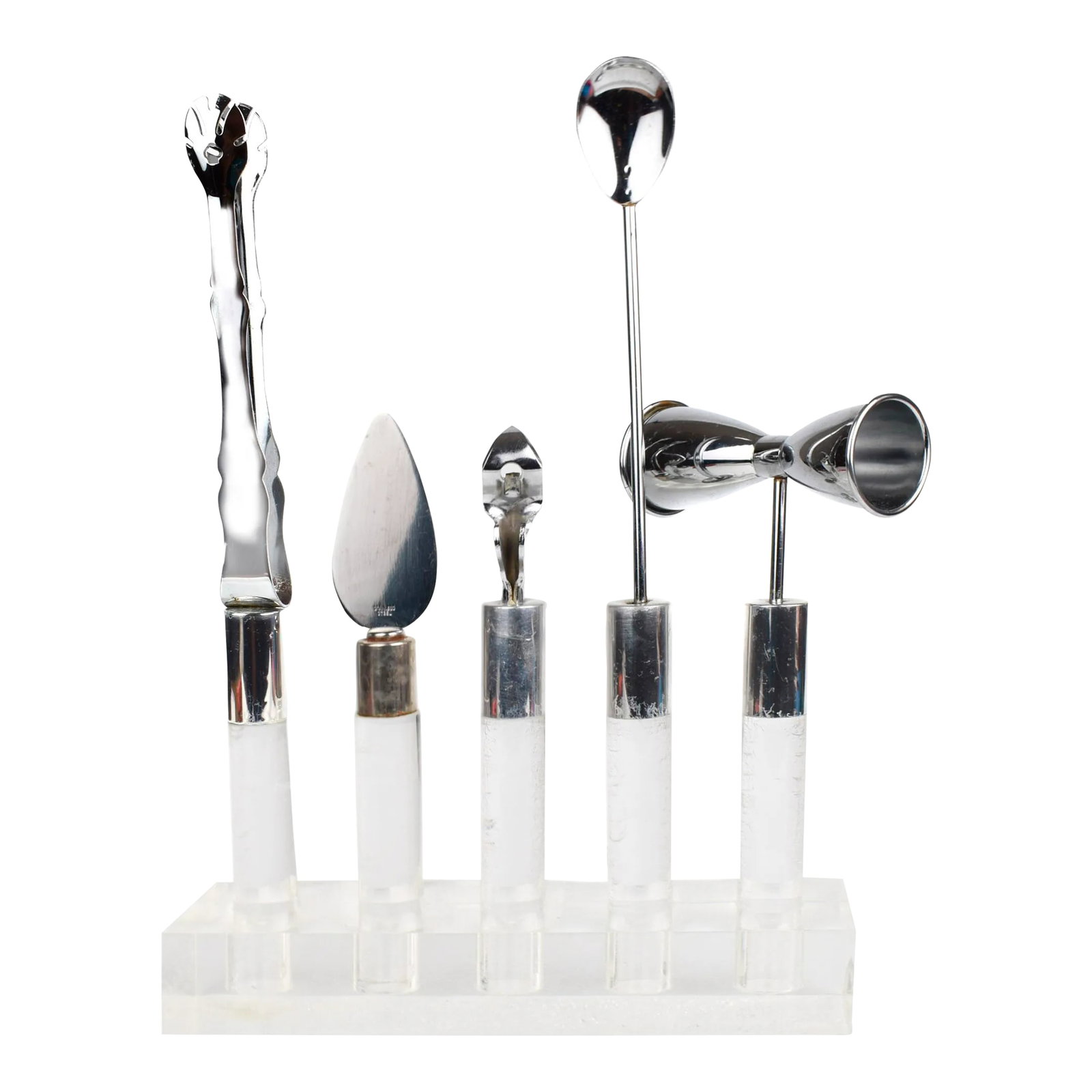 Mid Century Modern Lucite Stainless Steel Bar Tools Set With Stand- 6 Pieces: One of a kind mid 20th century Lucite and chrome handle with stainless steel top bar tools set and a stand. This is a perfect statement piece to enhance your bar decor. It is a great piece to display