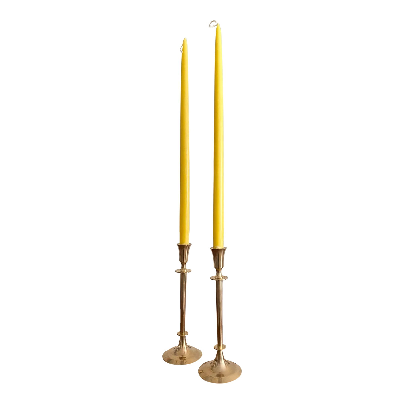 Elegant Tall Dirilyte Brass Candle Holders, a Pair: Fabulous brass candle holders by Dirilyte; special extra tall candles included! 3.38"Dia x 27.5"H (as shown) 3.38"Dia x 9.5"H (holders only) Condition: Alterations: Original Condition Unaltered