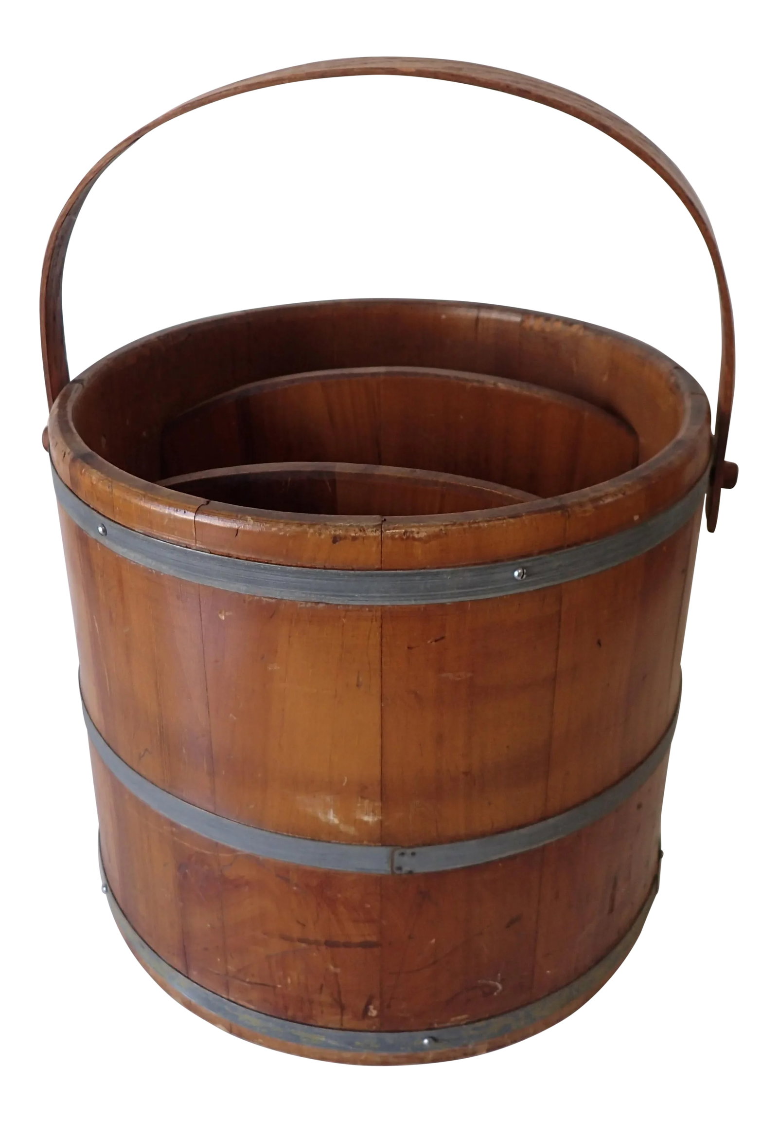 Country Style Firkin Magazine Holder: Vintage country style wooden firkin sugar bucket magazine holder/ storage no makers mark, in excellent condition. 14"H X 15"D X 15.5"D Bottom Condition: Alterations: Original Condition Unaltered