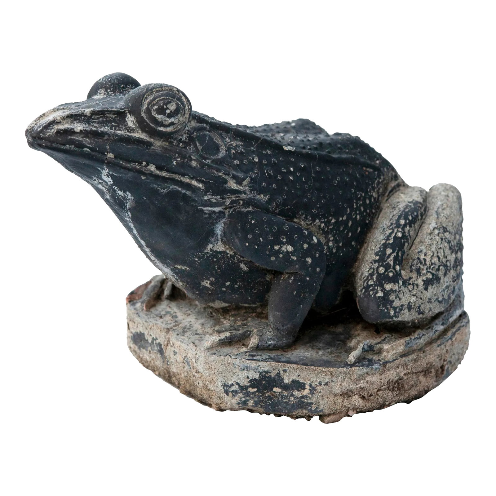 Vintage Cement Garden Frog With Aged Black Paint: Sweet early mid century vintage cast cement garden frog. A sizable example with aged chippy patinaed black paint. Condition: Alterations: Original Condition Unaltered Imperfections: Some