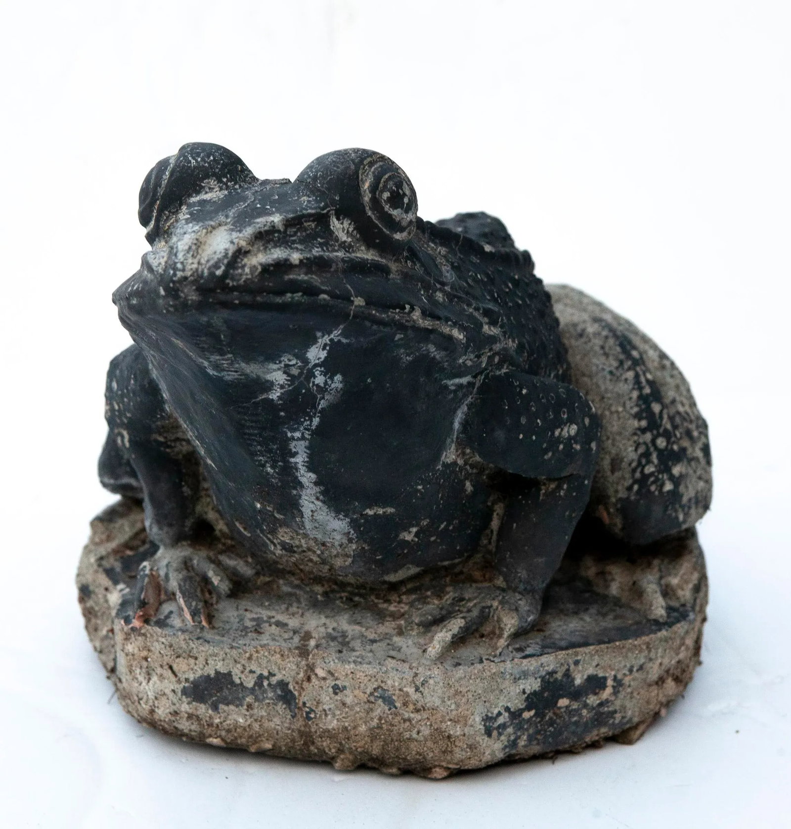 Vintage Cement Garden Frog With Aged Black Paint - 3