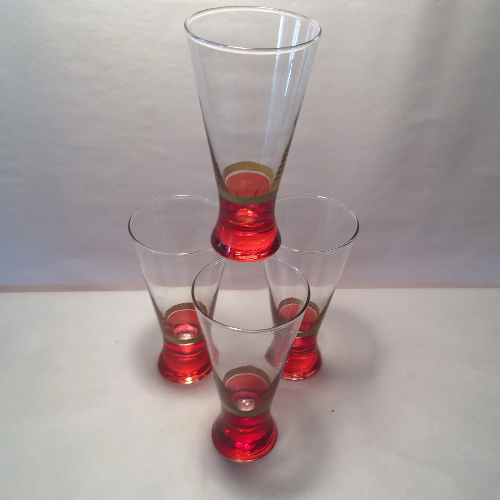 Vintage Red Base With Gold Band Hand Blown Pilsner Glasses - Set of 4 - 11