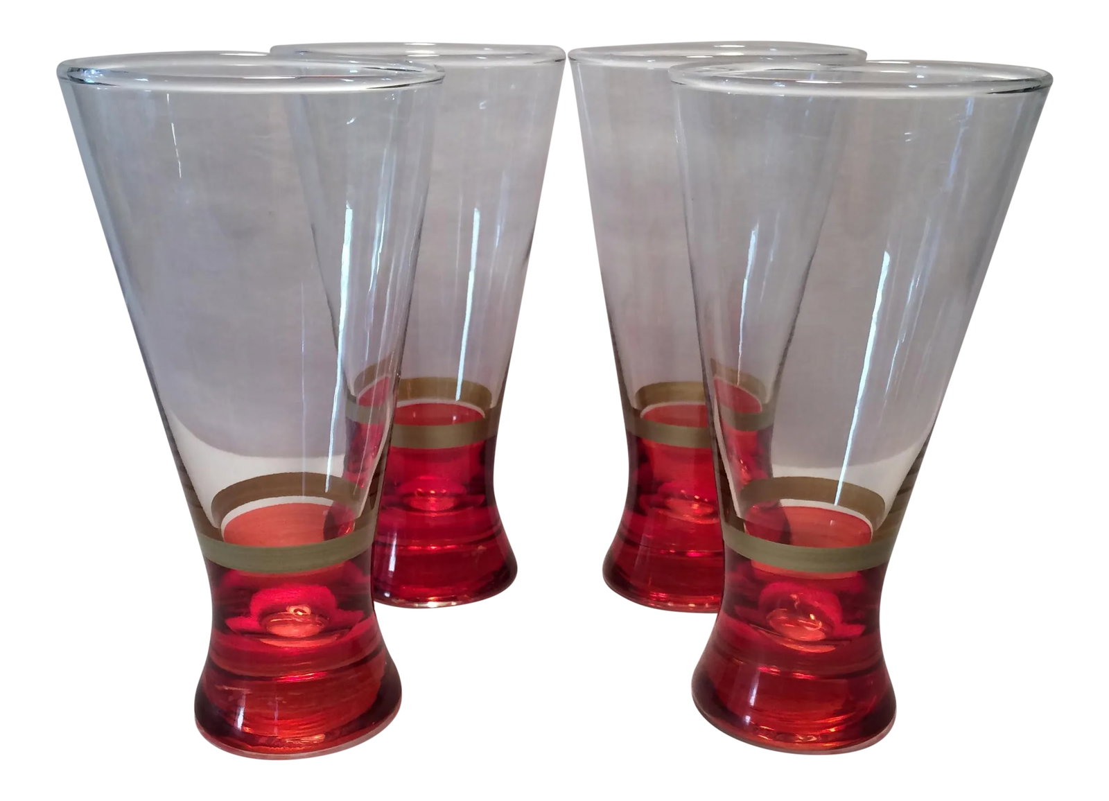 Vintage Red Base With Gold Band Hand Blown Pilsner Glasses - Set of 4: Heavy weighted hand blown vintage pilsner glasses with red base and gold band. Easy to hold in your hand. High end glasses. Condition: Alterations: Original Condition Unaltered Imperfections: Some
