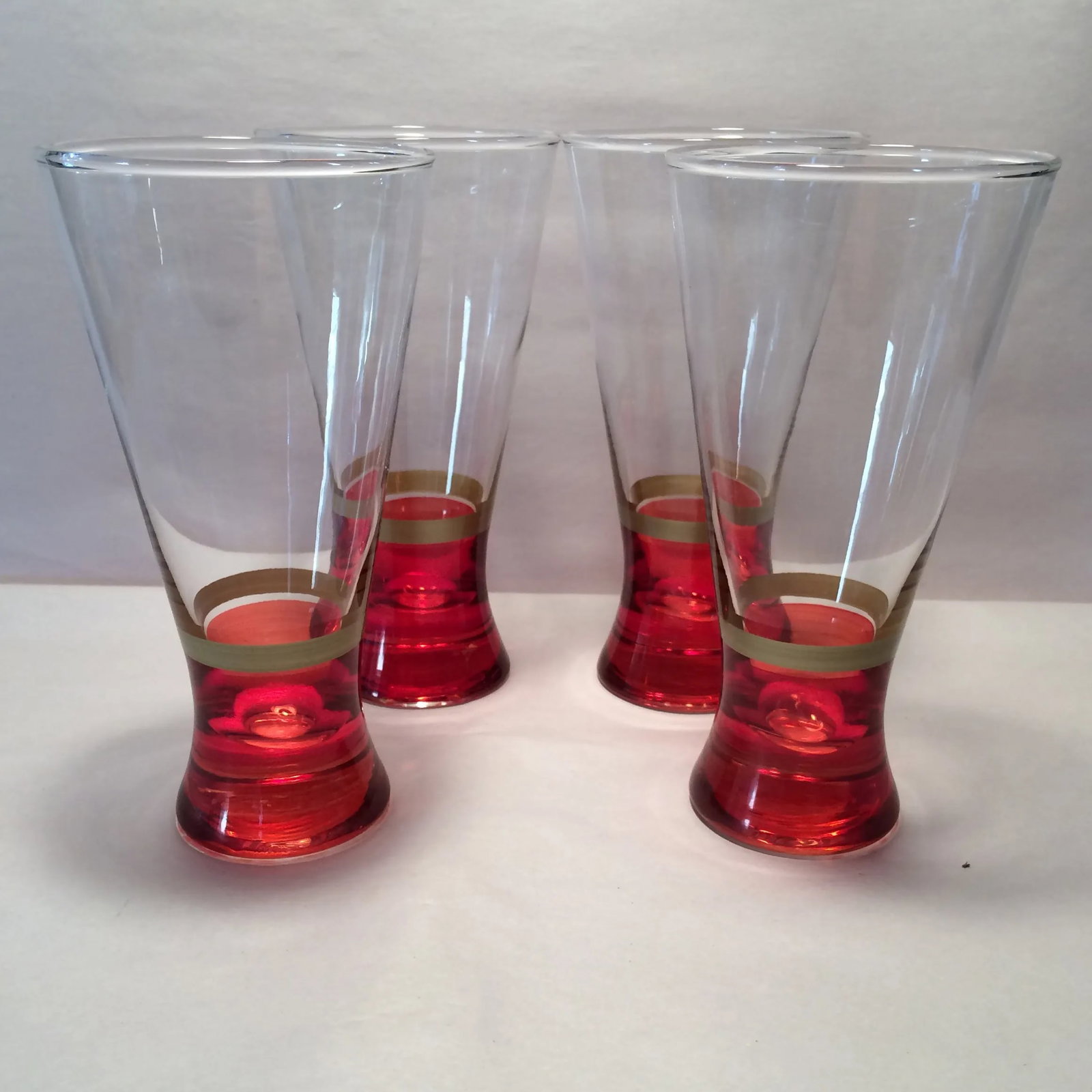 Vintage Red Base With Gold Band Hand Blown Pilsner Glasses - Set of 4 - 2
