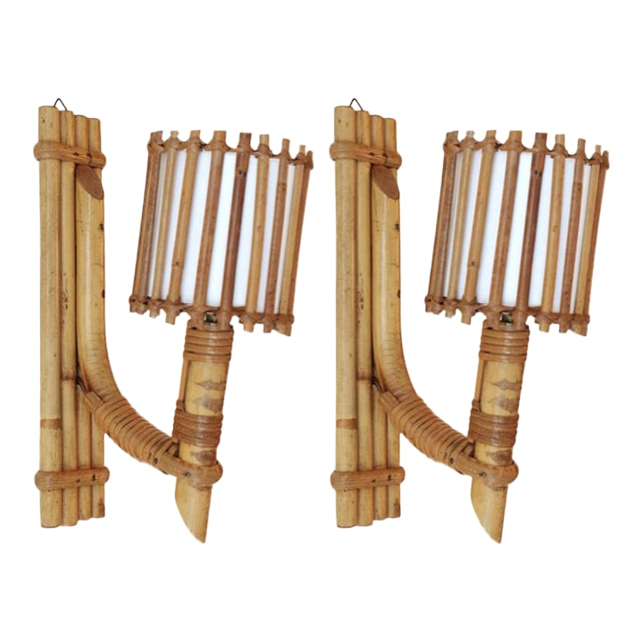 Pair of Rattan Wall Sconces, Louis Sognot 1950s (1 of 7)
