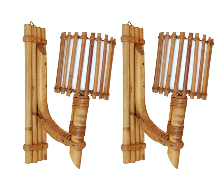Pair of Rattan Wall Sconces, Louis Sognot 1950s - 7