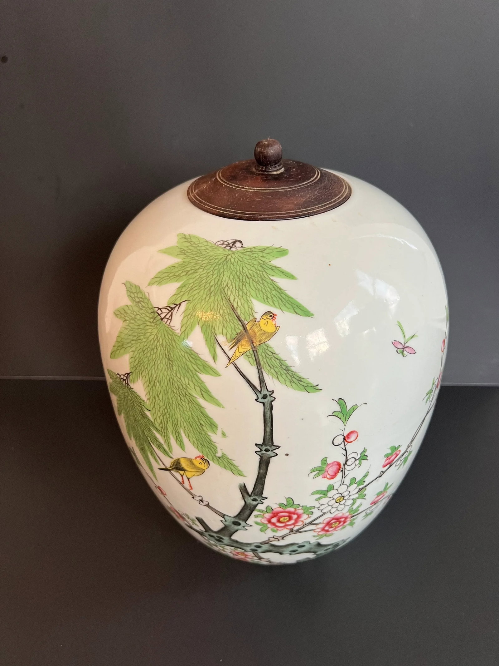 Vintage Chinese Large Birds & Flowers Famille Rose Jar With Wood Lid - 13