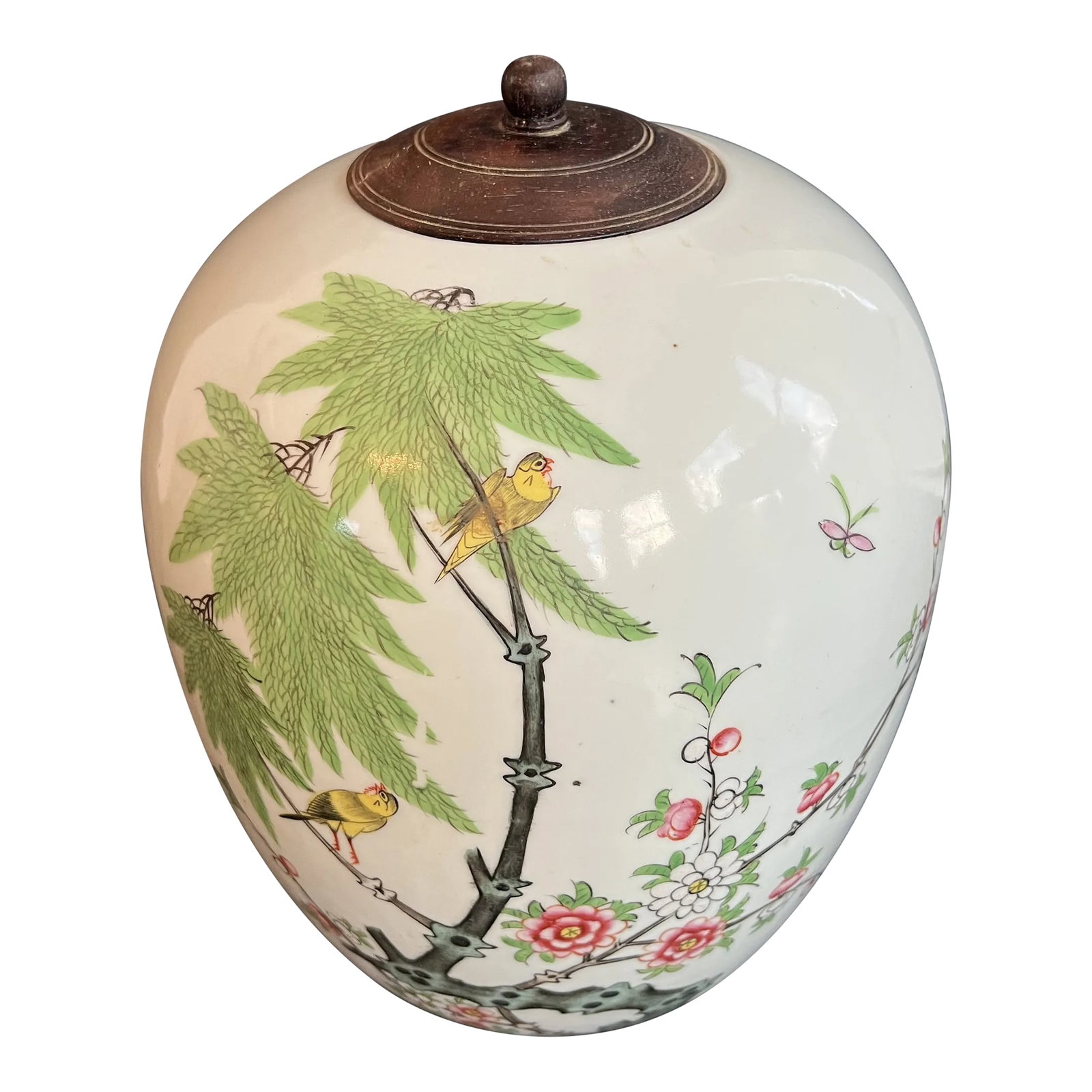 Vintage Chinese Large Birds & Flowers Famille Rose Jar With Wood Lid: Beautiful vintage large Chinese porcelain famille rose jar with a wooden lid. Beautiful design with yellow birds on a tree branch with green leaves and pink & white blossoms. Approximately 11" tall