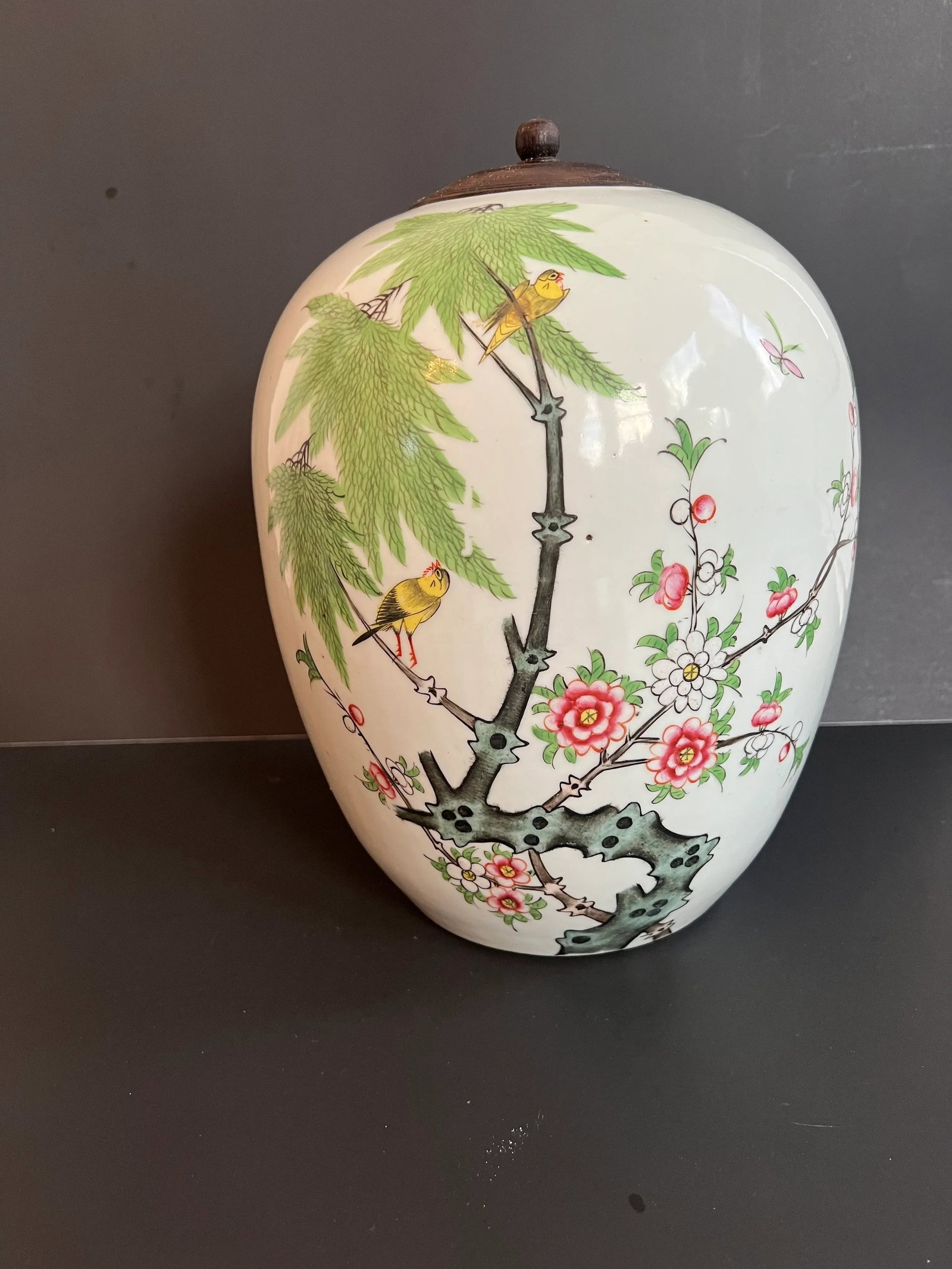 Vintage Chinese Large Birds & Flowers Famille Rose Jar With Wood Lid - 2