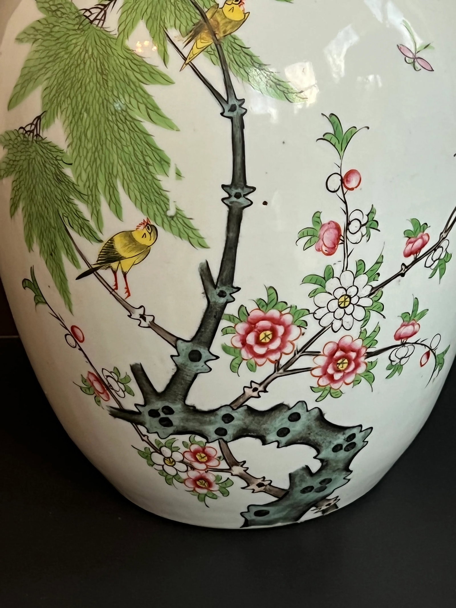Vintage Chinese Large Birds & Flowers Famille Rose Jar With Wood Lid - 3