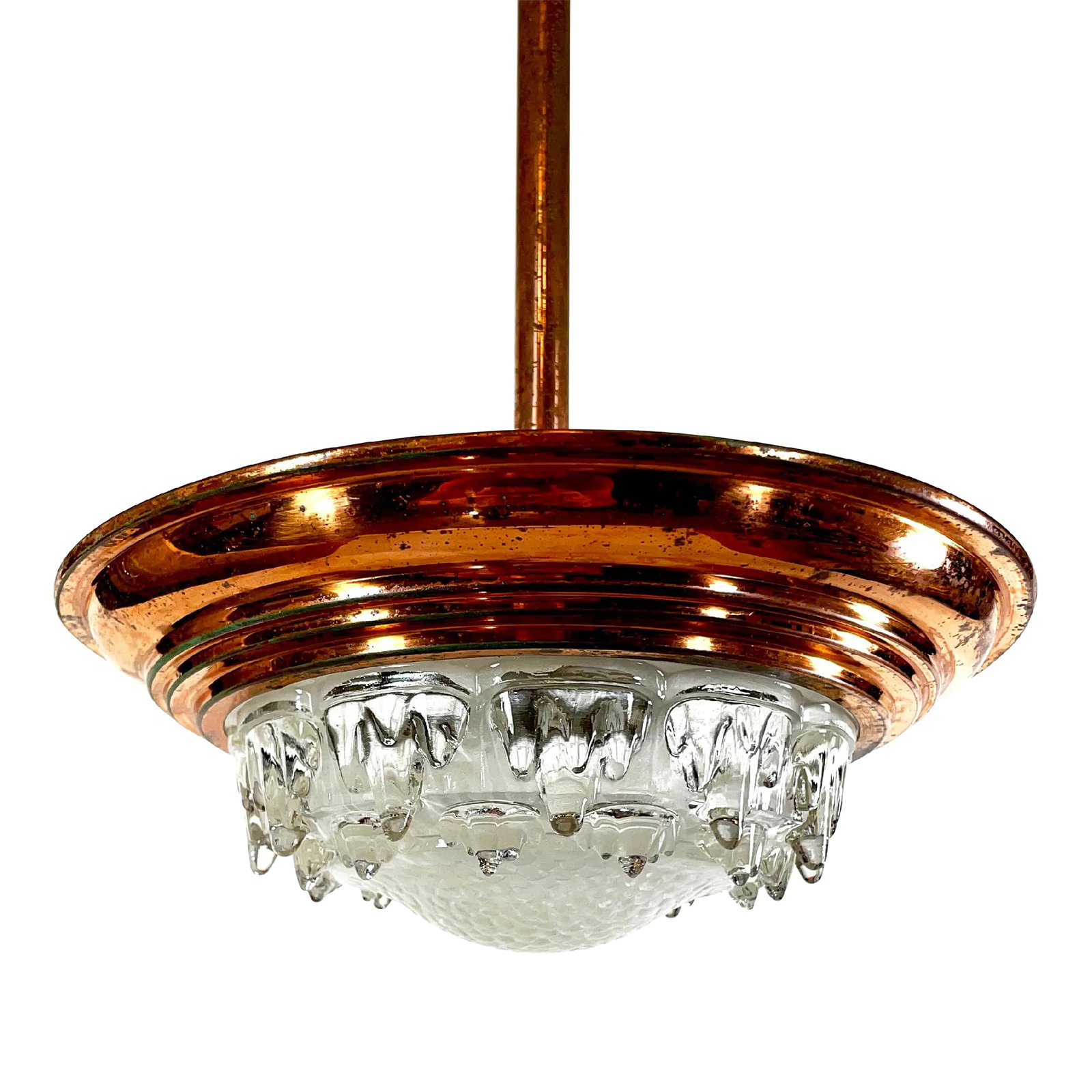 1930s French Art Deco Ezan Copper & Stalactite Glass Pendant Light - Rewired for u.s. Use: A striking and authentic French Art Deco pendant light by EZAN, dating to the 1930s. This exceptional fixture features its original hand-worked copper body paired with a beautifully textured