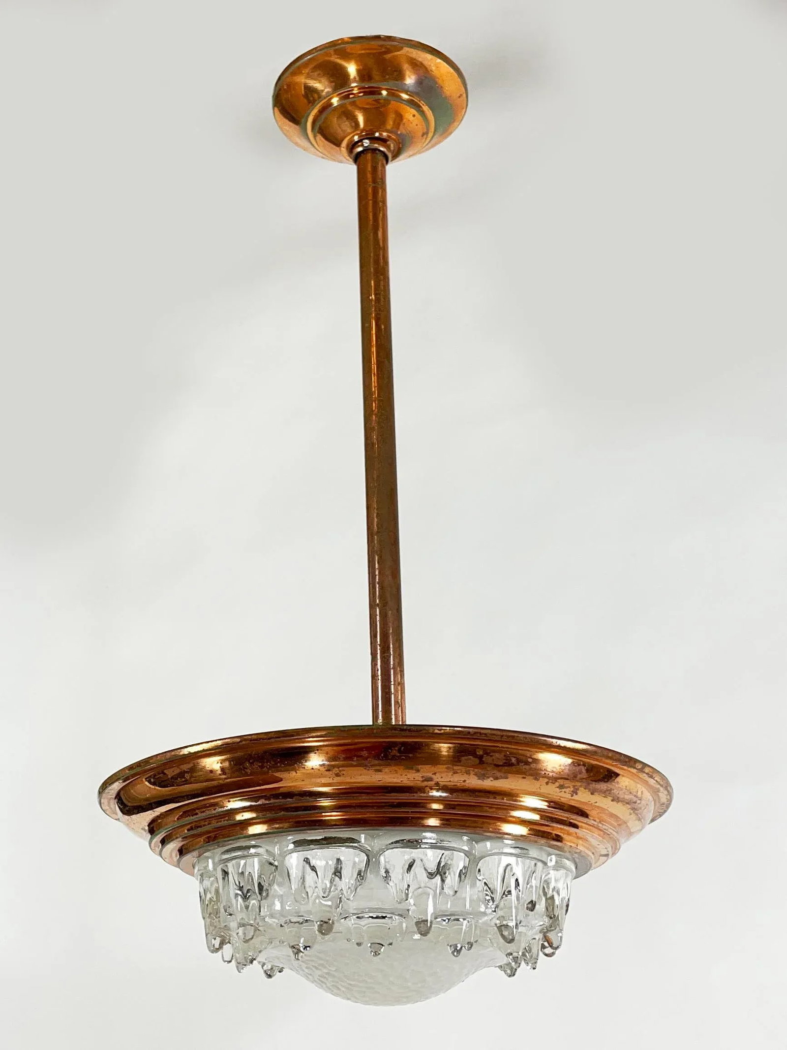 1930s French Art Deco Ezan Copper & Stalactite Glass Pendant Light - Rewired for u.s. Use - 2