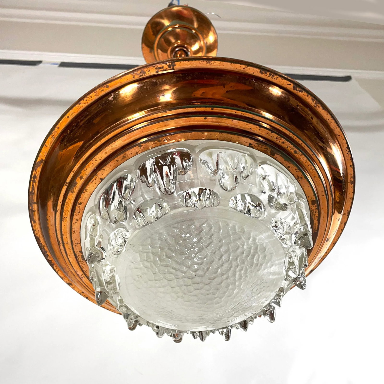 1930s French Art Deco Ezan Copper & Stalactite Glass Pendant Light - Rewired for u.s. Use - 3