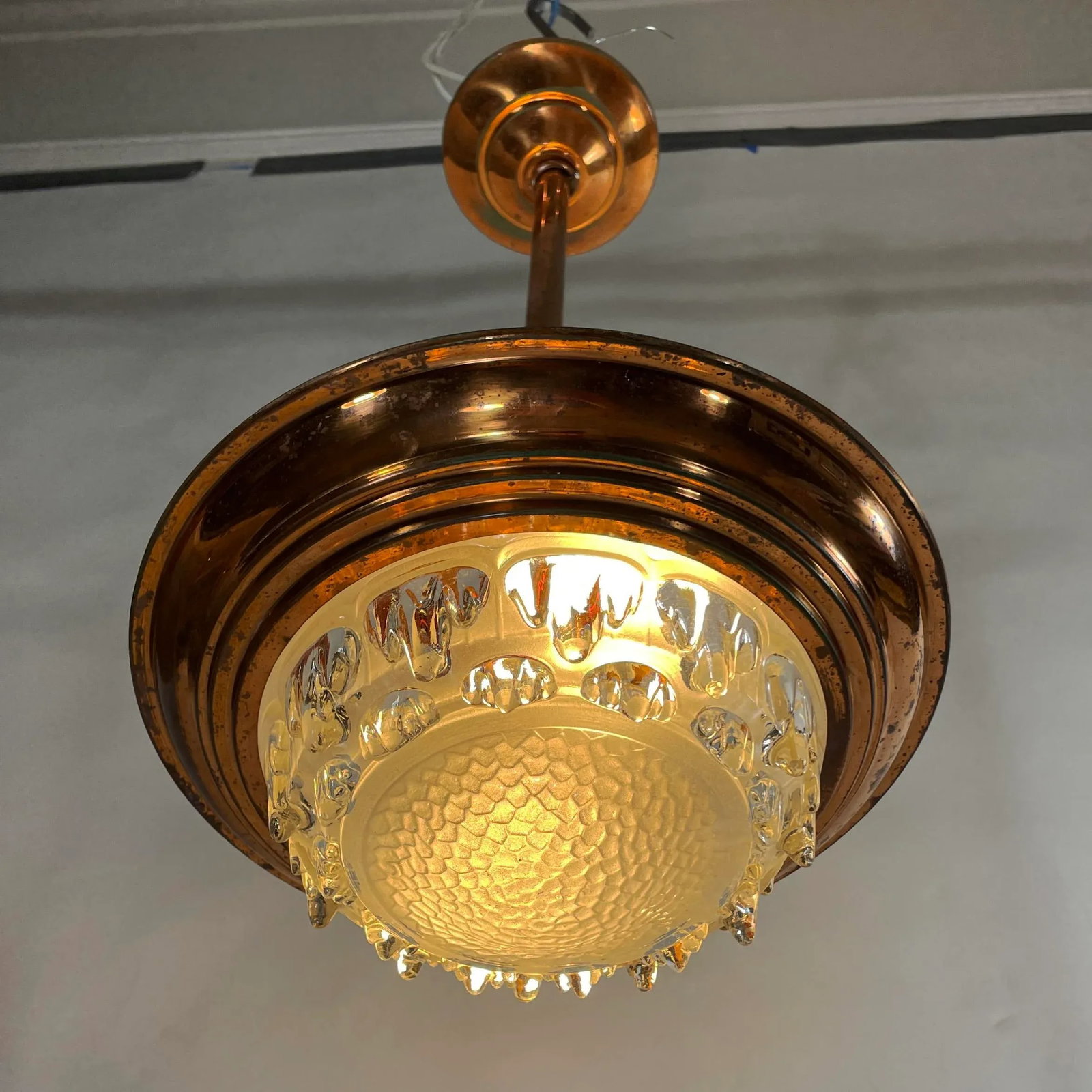 1930s French Art Deco Ezan Copper & Stalactite Glass Pendant Light - Rewired for u.s. Use - 4