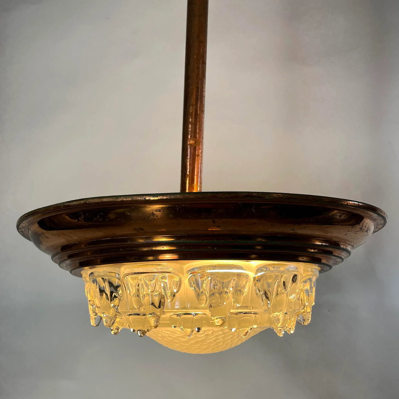 1930s French Art Deco Ezan Copper & Stalactite Glass Pendant Light - Rewired for u.s. Use - 5