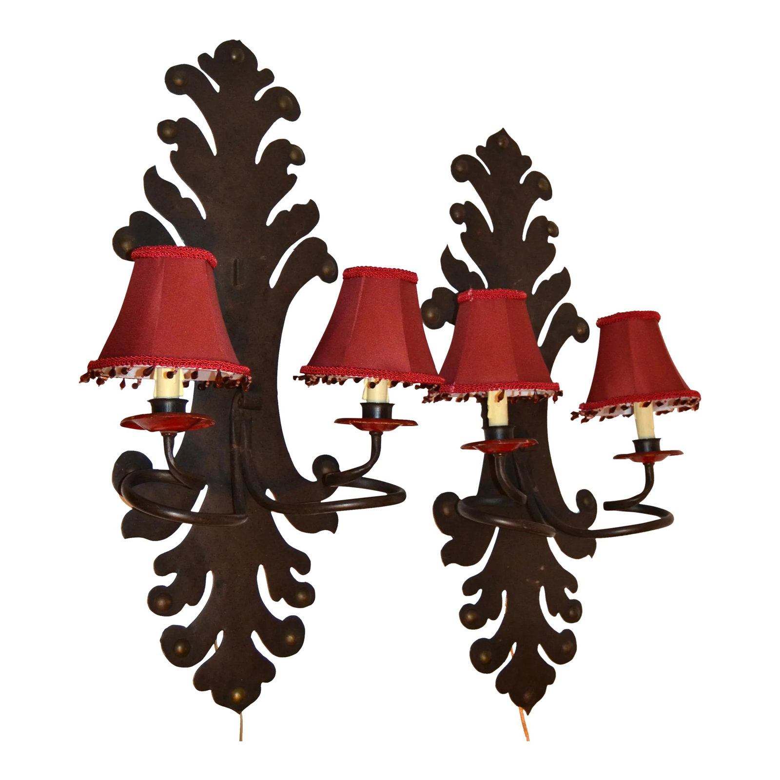 Spanish Gothic Revival Forged & Hammered Iron 2 Light Sconces - a Pair: Pair of Spanish Gothic Revival 2 Light Sconces, Wall Lamps in hammered and forged Iron with round Brass Studs. Pair of decorative wall-mounted light fixtures designed in a vintage or medieval style.