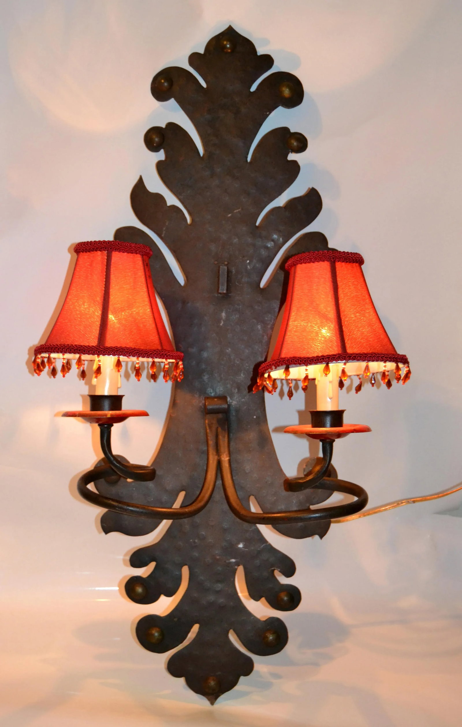 Spanish Gothic Revival Forged & Hammered Iron 2 Light Sconces - a Pair - 2