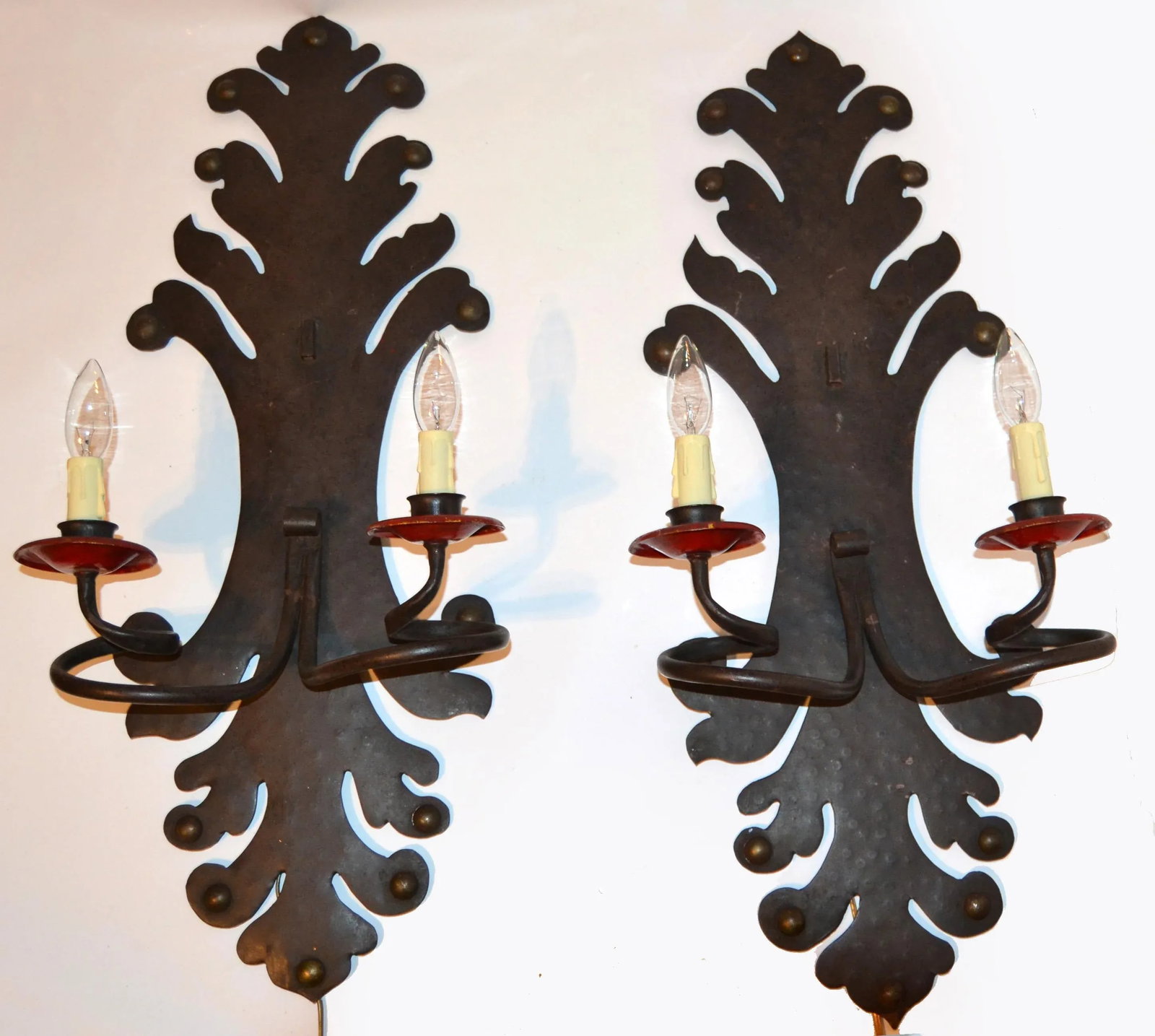 Spanish Gothic Revival Forged & Hammered Iron 2 Light Sconces - a Pair - 3
