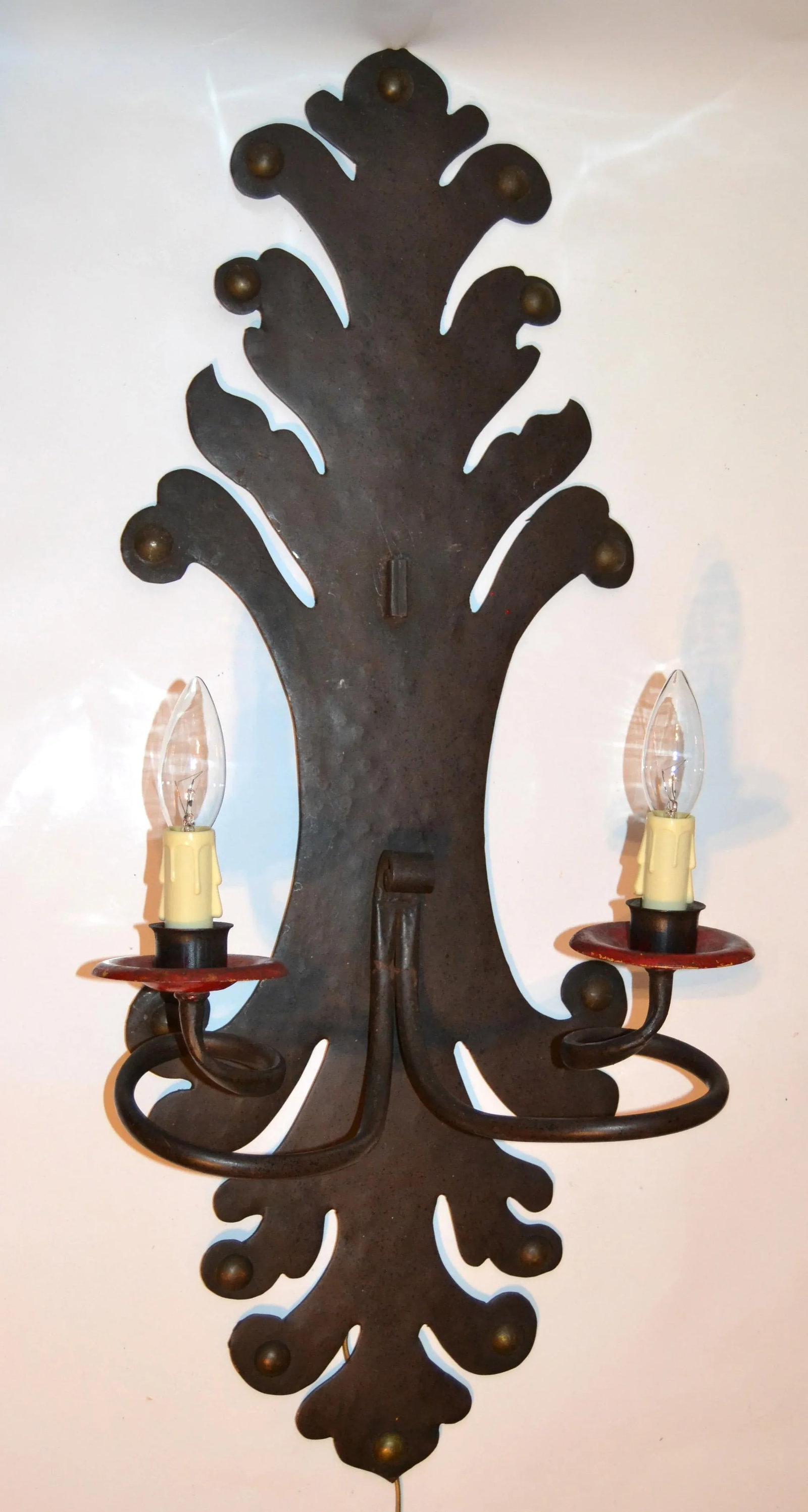 Spanish Gothic Revival Forged & Hammered Iron 2 Light Sconces - a Pair - 5