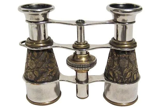 Hand Tooled Silver & Gold Opera Glasses: Lovely opera glasses in silver and gold with black accents and hand-tooled floral design. Loop in place for strap or handle (not present). A beautiful set, for use or display. Condition: Alterations: