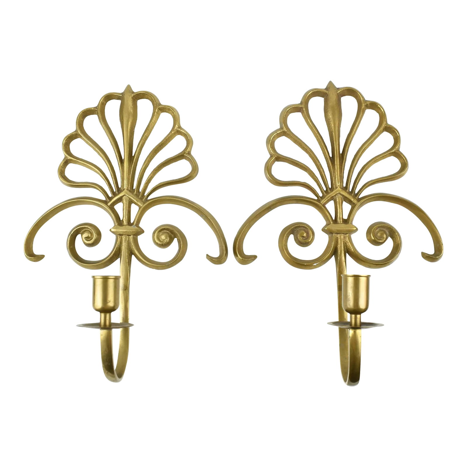 Mid-Century Solid Brass Wall Mounted Sconces Single Candle Candlestick Holder - a Pair: These wall sconces adds elegant character as it brightens to your space. They are perfect for any home decor. They are in great vintage condition Dimensions (approximately): 12.25" H x 8.75" L x