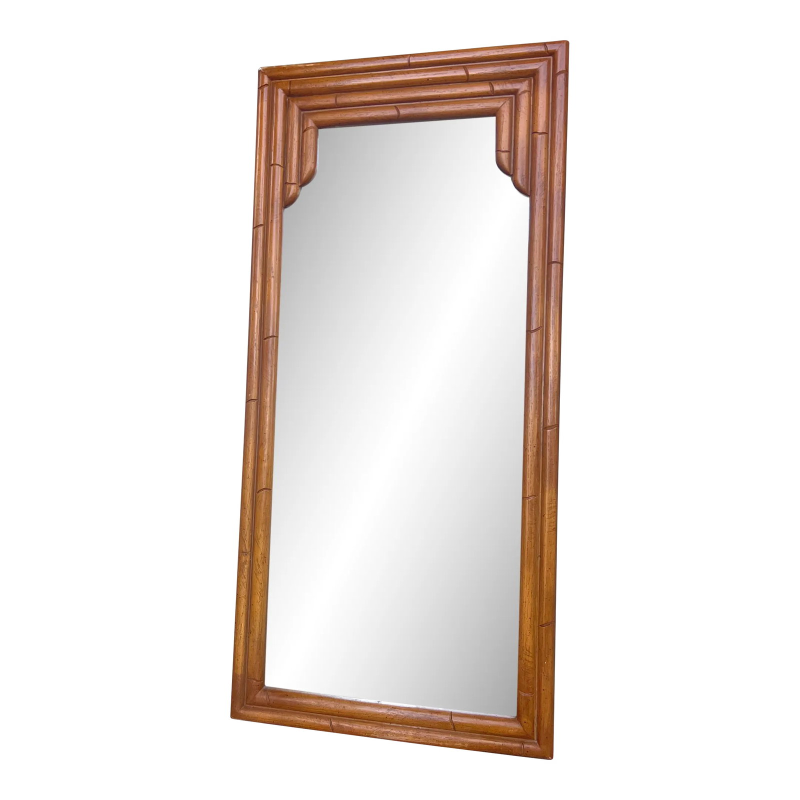 1970's Vintage Faux Bamboo Mirror in Natural Color: A fantastic cascading faux bamboo mirror. It is double framed all around. Bring this classic palm beach chic mirror into any style decor. Circa 1970's. HOUSE ALIVE VINTAGE NEWS: * We are renovating
