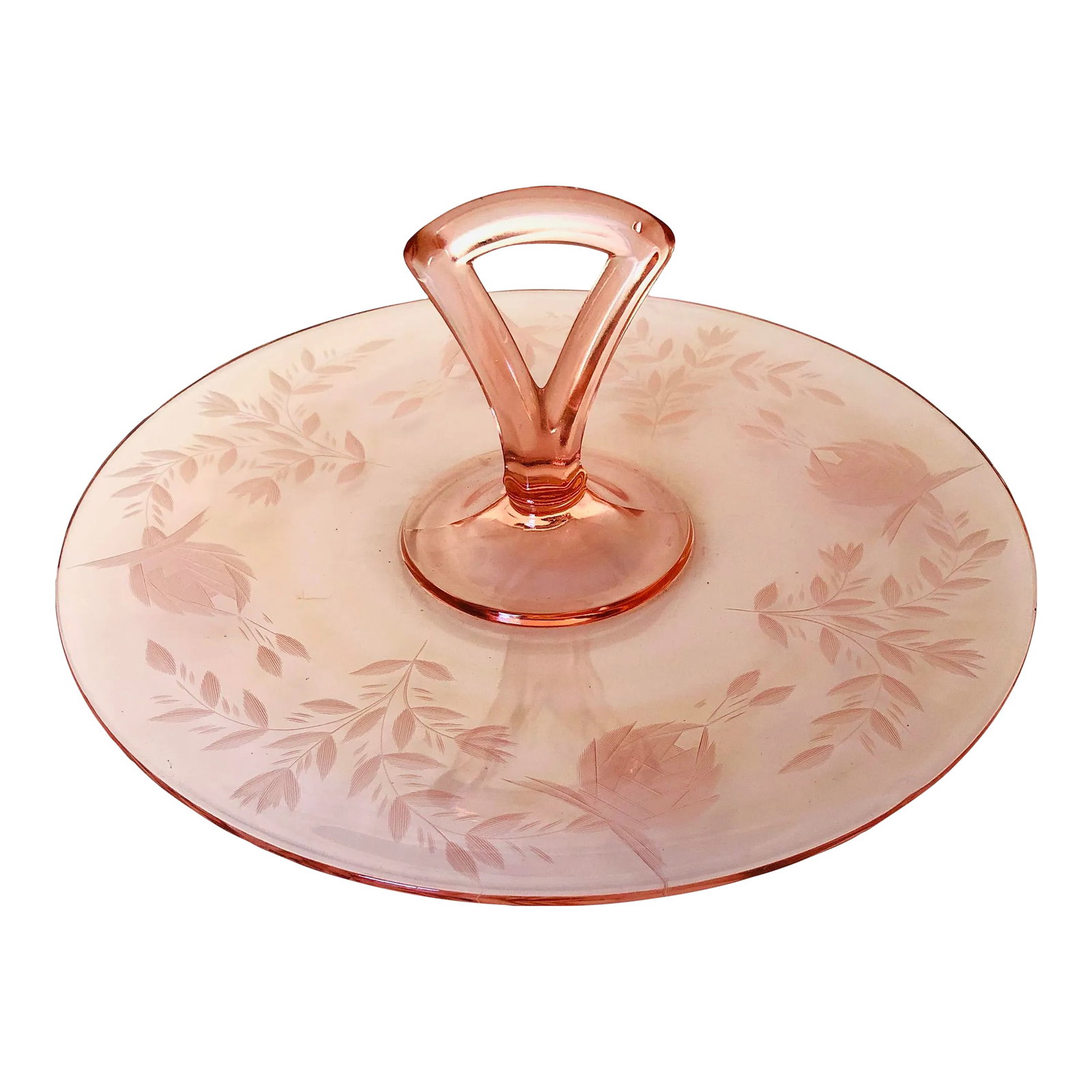 Vintage Pink Depression Glass Handled Tray/ Sandwich Plate: Vintage Floral Etched ,Pink Depression Glass Handled Tray , Sandwich Plate 11.25 X 4"H, No makers mark in excellent condition. Condition: Alterations: Original Condition Unaltered Imperfections: Some 