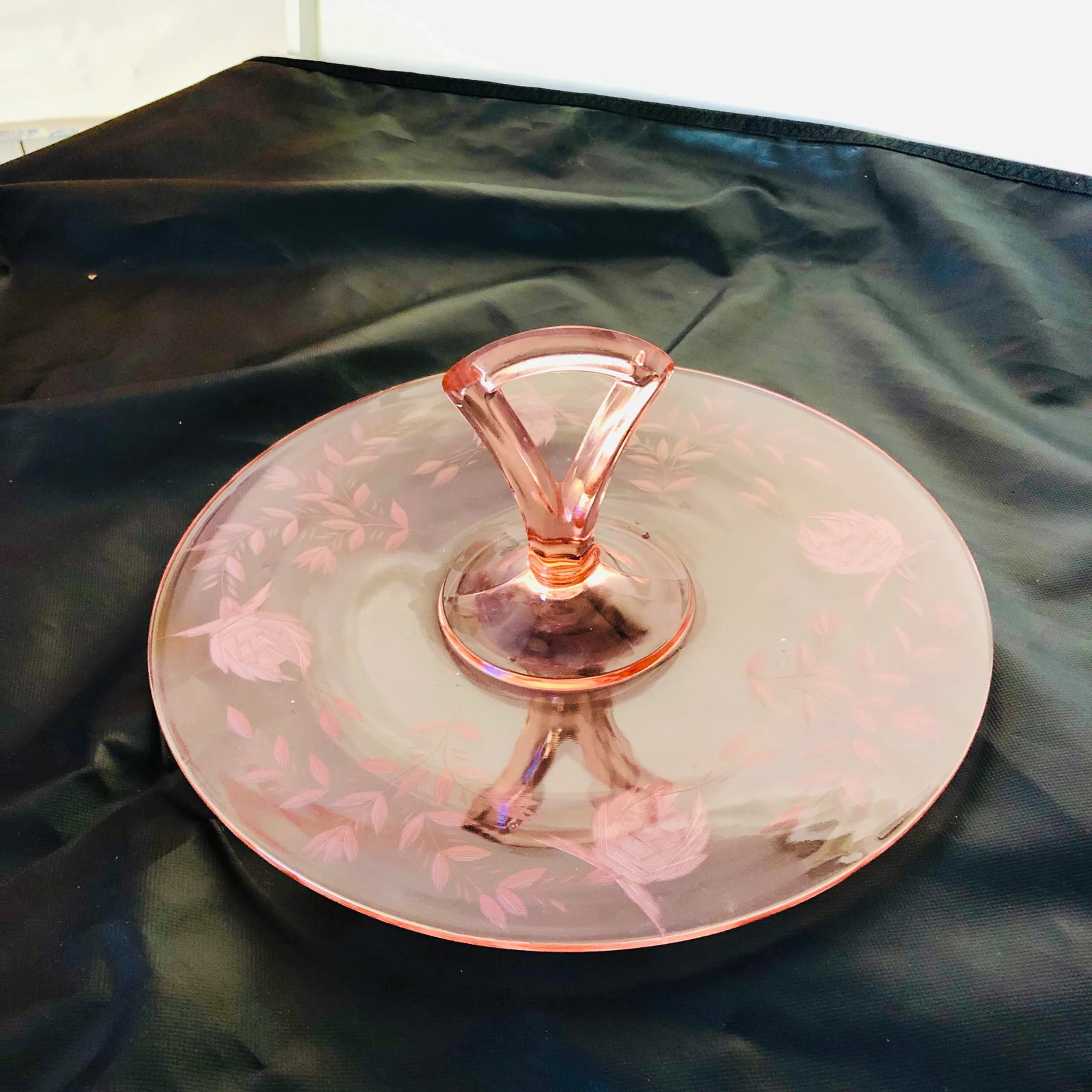 Vintage Pink Depression Glass Handled Tray/ Sandwich Plate - 2