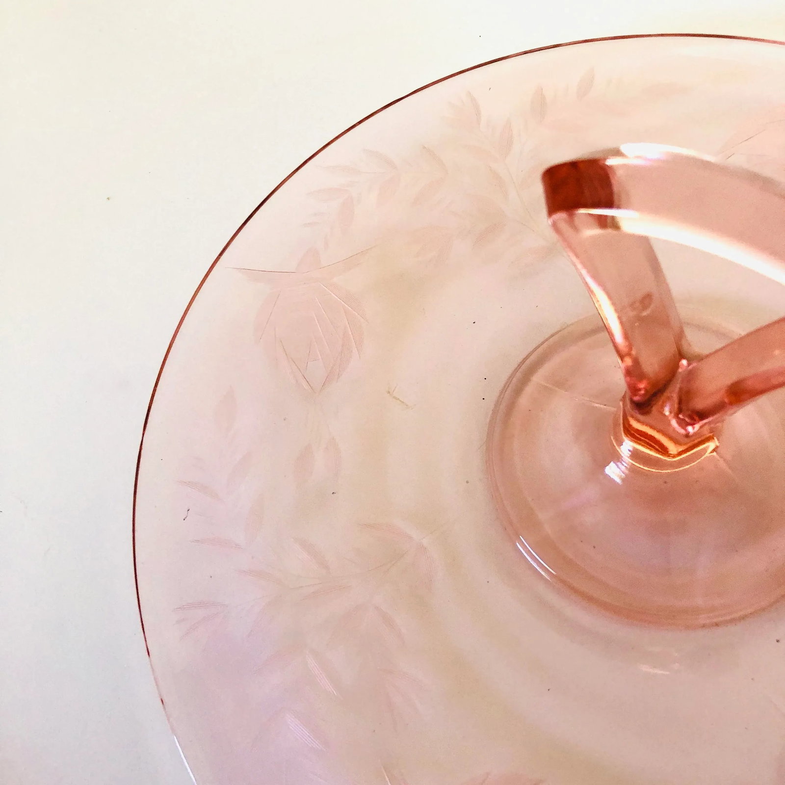 Vintage Pink Depression Glass Handled Tray/ Sandwich Plate - 3