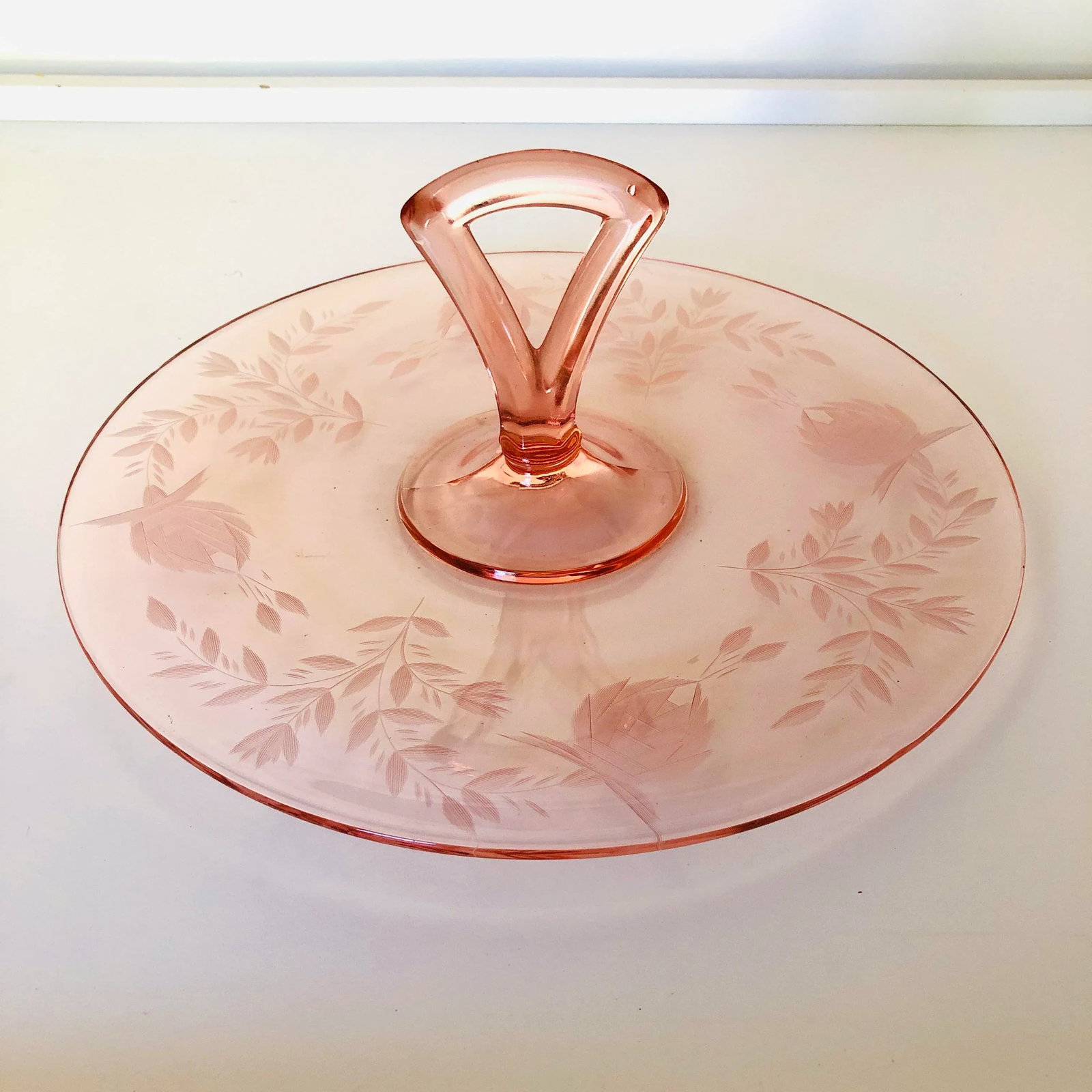 Vintage Pink Depression Glass Handled Tray/ Sandwich Plate - 5