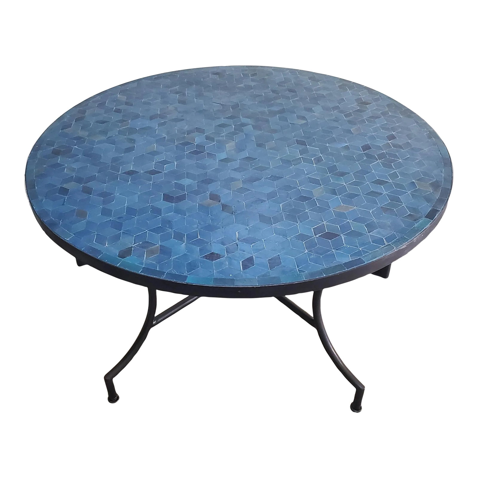 48" Petrol Blue Moroccan Round Mosaic Table, Diamond Collection / Lozenge: Custom made glazed Moroccan mosaic table measuring 48" in diameter and 29" height. Blue petrol is the color. An indoor or outdoor dining table that sits up to 6 people. A design known to Morocco for