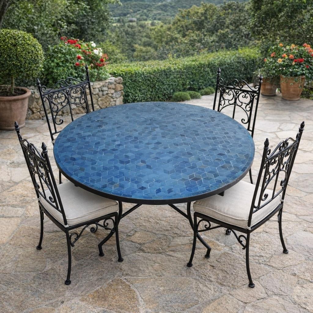 48" Petrol Blue Moroccan Round Mosaic Table, Diamond Collection / Lozenge - 3