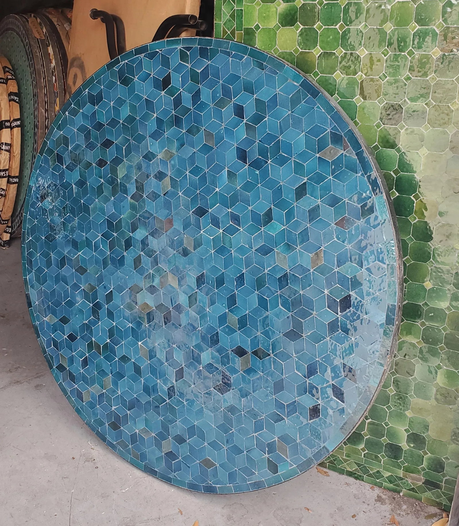 48" Petrol Blue Moroccan Round Mosaic Table, Diamond Collection / Lozenge - 7