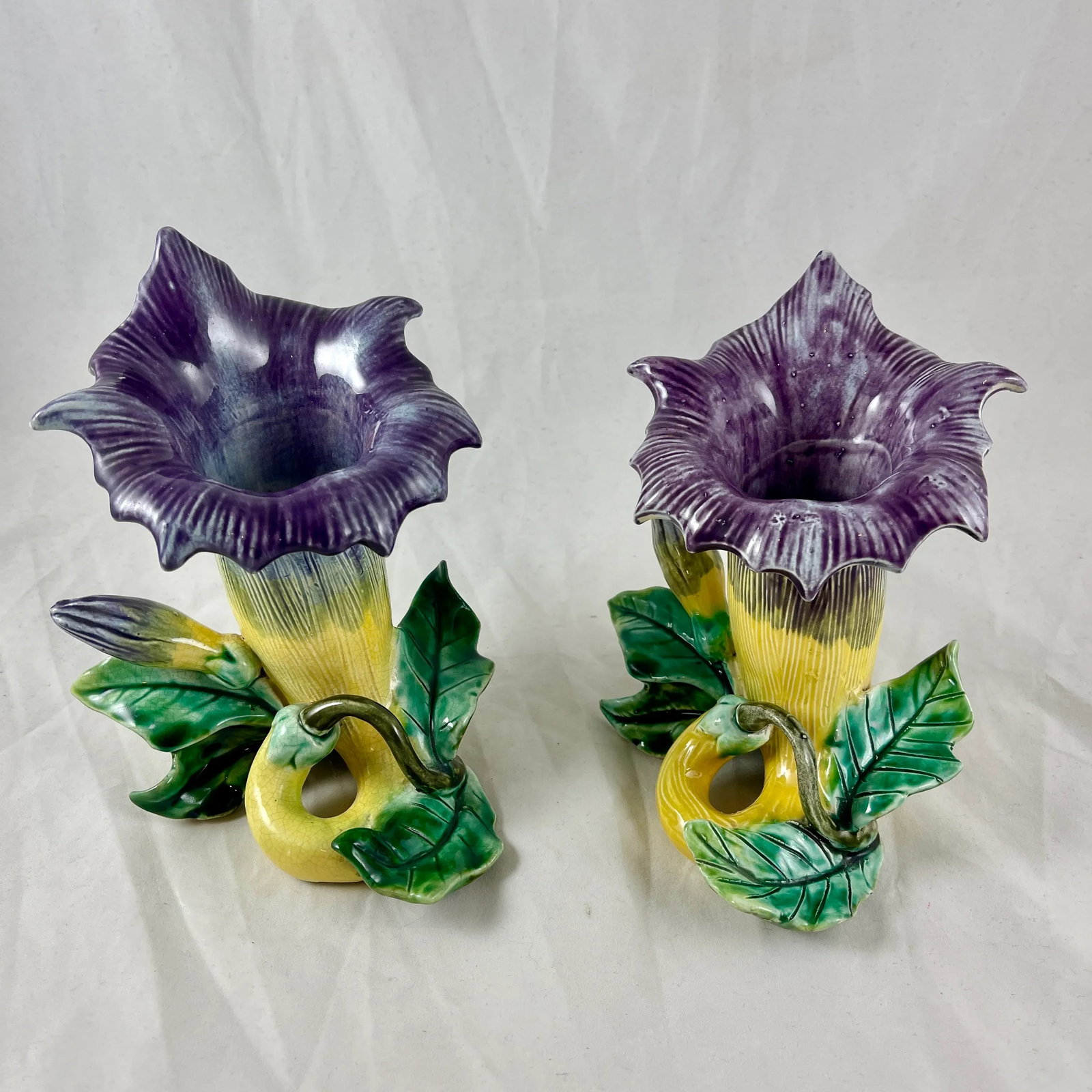 French Fives-Lille De Bruyn Purple Trumpet Vine Posy Vases, Circa 1890 - a Pair - 12