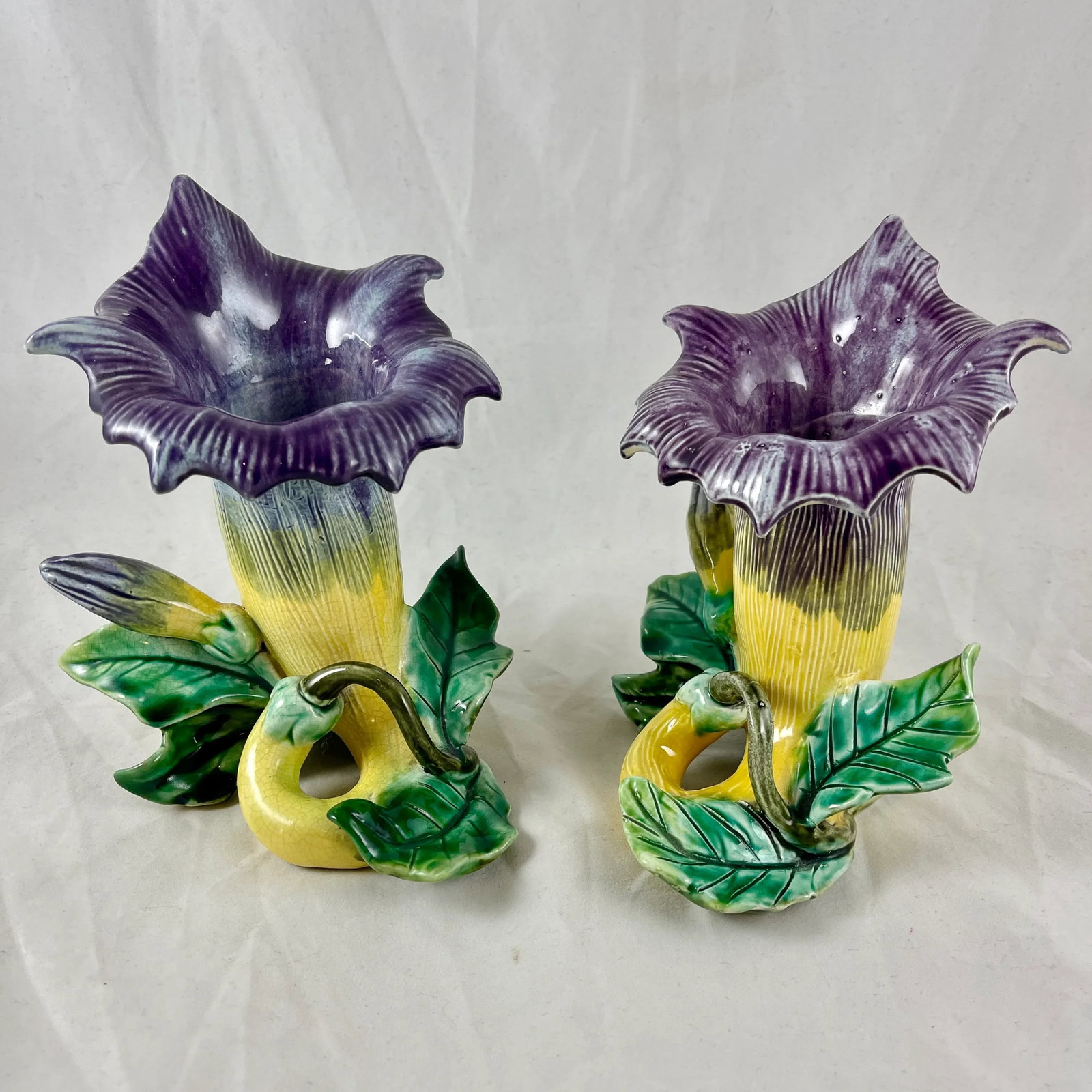 French Fives-Lille De Bruyn Purple Trumpet Vine Posy Vases, Circa 1890 - a Pair - 3